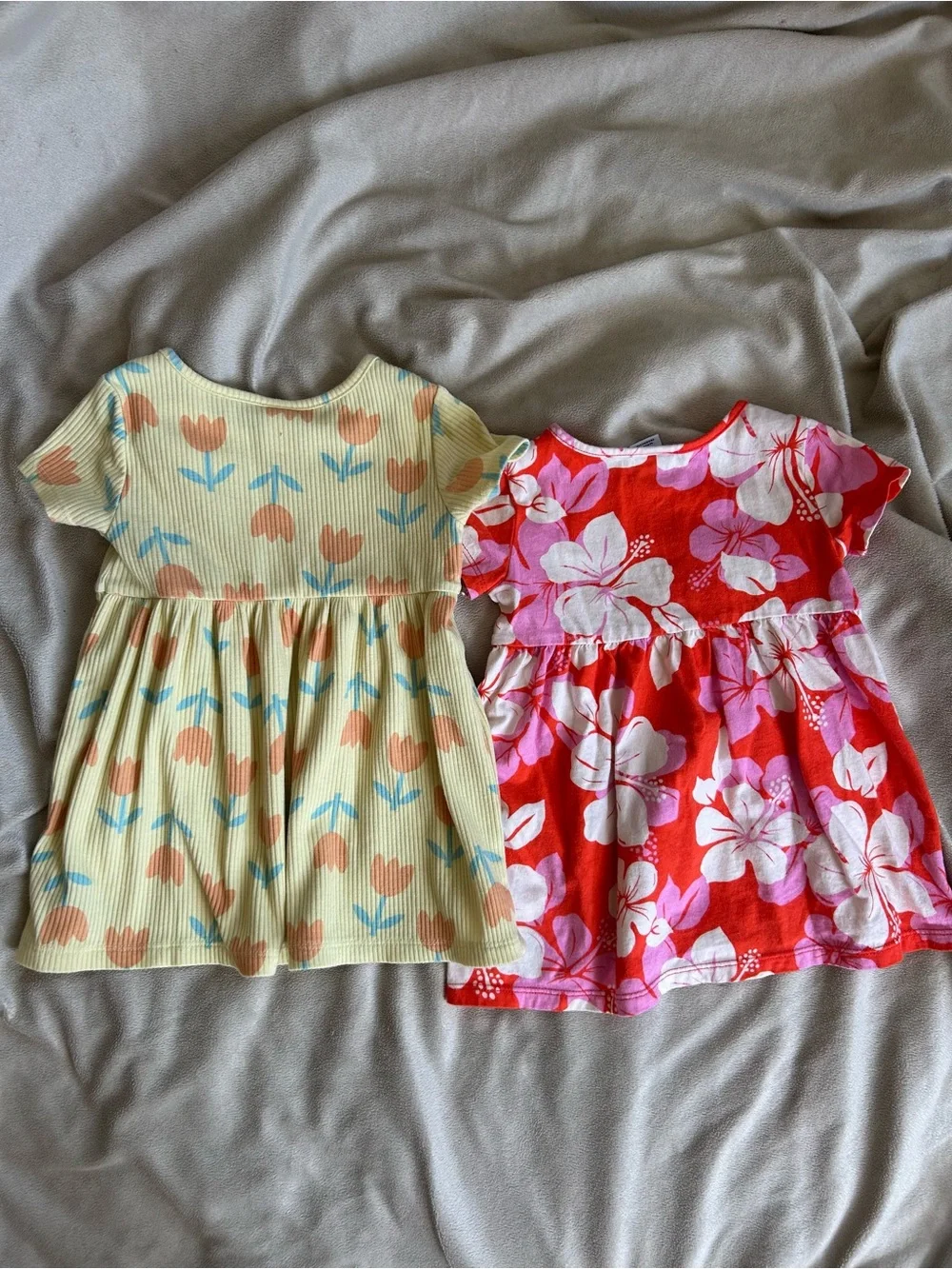 Old Navy Girls Yellow Tulip Ribbed & Pink Floral Short-Sleeve Dresses 12-18 MOS